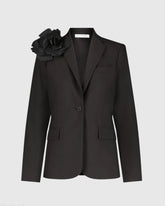 Black Classic Crepe Blazer Jacket With Flower - FINAL SALE